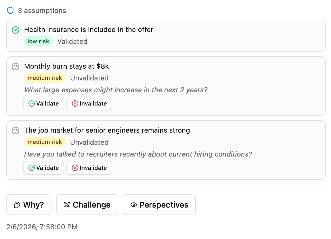 Assumption tracker showing validated and unvalidated assumptions with risk levels and validation buttons