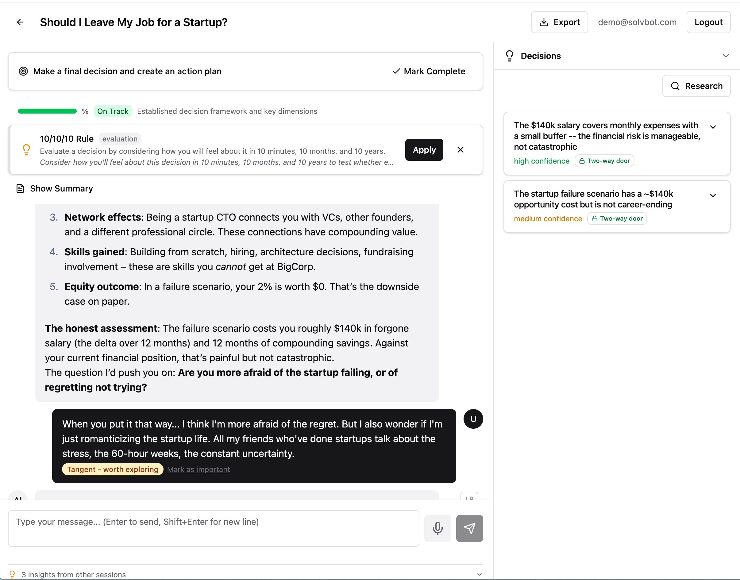 Solvbot chat interface with goal progress bar, thinking framework suggestions, and decision panel